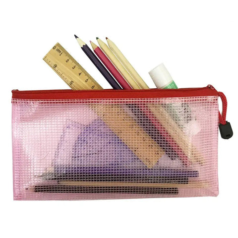 Slick Clear Plastic Zipper Document Bags Pack of Fifteen in Five Bright Shades With No Sweat Closure and Handy Wrist Loop for Receipts Checks Paperwork and All Your Gear filled with pens and a ruler.