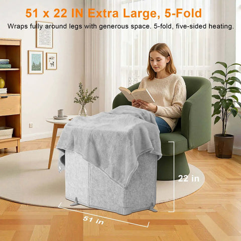 Woman using Foldable Under Desk Heater With Blanket Cozy Five Fold Plus Size Eight Temperature Levels Leg And Foot Warmer