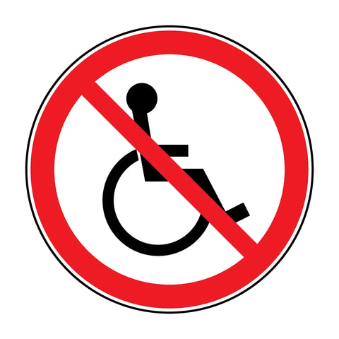 Warning sign indicating no wheelchair access with red circle and slash over a wheelchair symbol, highlighting restriction.
