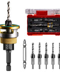 Woodworking Countersink Drill Bit Set, 7 Piece HSS Tapered Bits With One Quarter Inch Hex Shank Quick Change, displayed with case