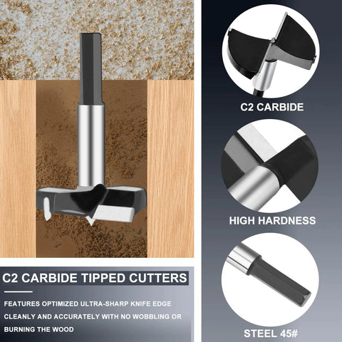 Heavy Duty Six Piece Forstner Drill Bit Set With Hex Shank And Tungsten Carbide Tips For Precision Wood Hole Cutting In 40 To 80 Millimeter Ranges showcasing a C2 carbide tipped cutter.