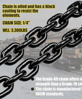Close-up of black G80 Transport Binder Chain One Quarter Inch Fourteen Feet With Clevis Grab Hooks, 3,300 lbs SWL, on a truck.