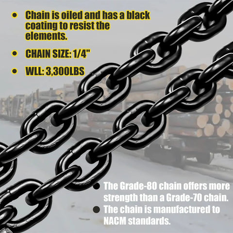 Close-up of black G80 Transport Binder Chain One Quarter Inch Fourteen Feet With Clevis Grab Hooks, 3,300 lbs SWL, on a truck.