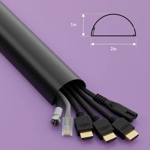 Black TV Wire Hider Cord Cover For Wall Mount TV Half Round Cable Raceway With Hinged Lid showing cable capacity and dimensions.