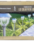 Box of Dope 5 Piece Stainless Steel LED Solar Path Lights With Glass Lens, Weatherproof Outdoor Garden Lighting, Five Lights Shown
