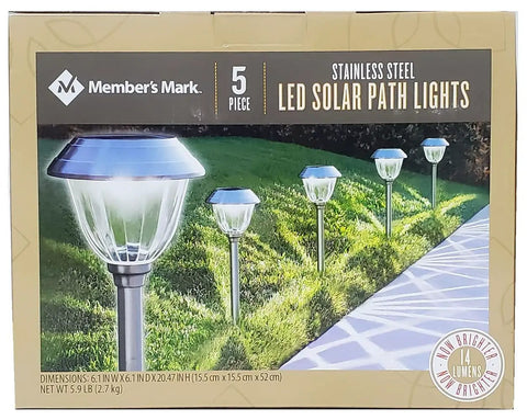 Box of Dope 5 Piece Stainless Steel LED Solar Path Lights With Glass Lens, Weatherproof Outdoor Garden Lighting, Five Lights Shown