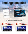 2S Lipo Battery 7.4V 1000mAh 35C Burst 70C For RC Cars With JST Plug packaging contents display