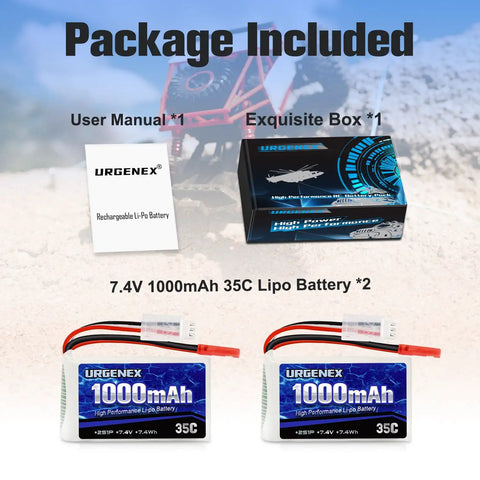 2S Lipo Battery 7.4V 1000mAh 35C Burst 70C For RC Cars With JST Plug packaging contents display