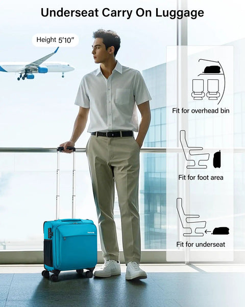 Man with Underseat Carry On Luggage With Wheels 16 Inch Softside Suitcase Lightweight Travel Bag beside airport window
