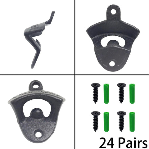 Twenty Four Pack Matte Black Cast Iron Bottle Opener Wall Mounted Heavy Duty Steel Cap Remover with Screws and Brackets