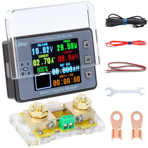 Digital Battery Monitor And Multimeter For RVs And Solar Setups Reads 8 To 100V And 0.05 To 100A 2.4 Inch Color LCD Display with accessories
