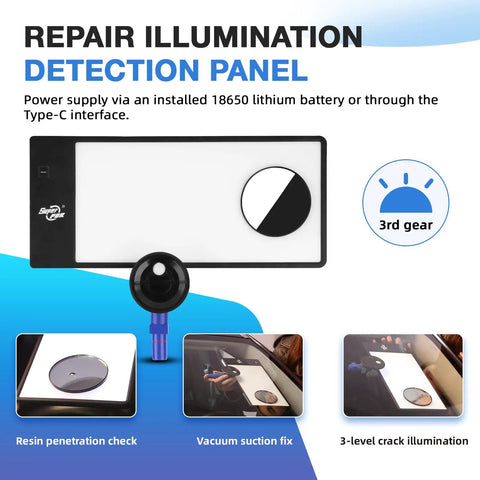 Repair illumination detection panel with Type-C interface for windshield chip repair kit featuring resin and vacuum fix