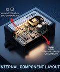 Internal view of AC To DC Step Down Converter From 10 to 28V AC Input To 12V DC Output 5A 60W IP67 showing high integration SMD components.