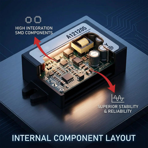 Internal view of AC To DC Step Down Converter From 10 to 28V AC Input To 12V DC Output 5A 60W IP67 showing high integration SMD components.