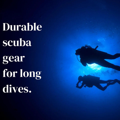 Silhouettes of divers underwater with text 'Durable scuba gear for long dives.'