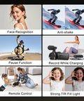 Collage of women, snowboarders, dancer, camcorder, family; features face recognition, anti-shake, pause, remote, 4K UHD 60FPS camcorder.