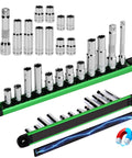 12 Piece One Quarter Inch And Three Eighth Inch Drive Ten Millimeter Socket Set With Three Inch Extension Bars on magnetic rail