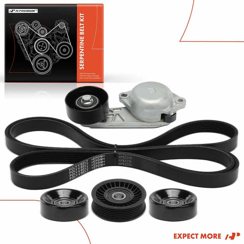 Engine Serpentine Belt Kit With Tensioner And Idler Pulley For Ford F150 2004 Expedition 2005 2006 Mustang 2005 2006 Lincoln Navigator 2005 2006 V8 4.6L 5.4L Replacement Ready To Roll showing belt, tensioner, and idler pulleys