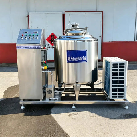 Top Shelf Heavy Duty 500L Milk Pasteurizer Machine For Commercial Dairy Plants Featuring Pro Level Automatic Temperature Regulation And Plug And Play Yogurt Production Integration with cooling unit.