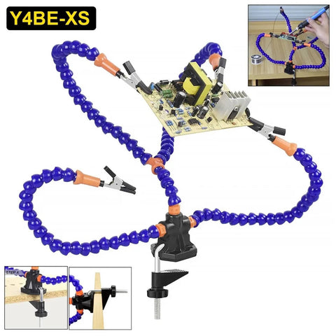 Helping Hand Soldering Tool With Table Clip And Stand Third Hand Soldering Holder For PCB Welding Projects Adjustable Arm Clamp Easy Collaboration For Electronics Repair And Assembly, showing adjustable arms holding a circuit board.