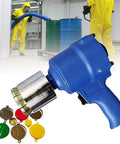 Heavy Duty Handheld Pneumatic Crimping Tool For 55 Gallon And 160L Steel Oil Barrels Non Electric Drum Sealer With Adjustable Tightness Dial, shown with caps.