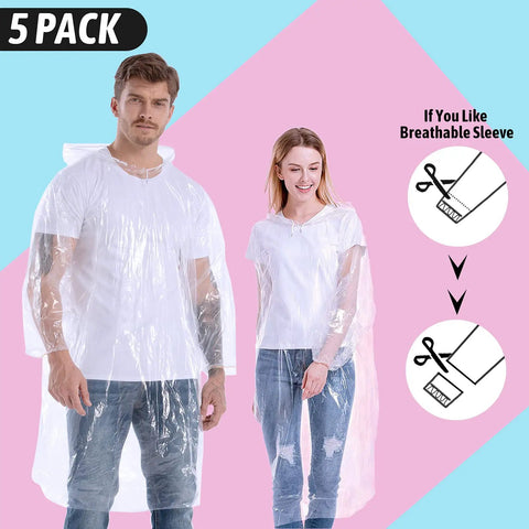 Disposable Rain Ponchos For Adults, 5 Pack Clear Hooded Ponchos, Thick 0.35mm Waterproof Showcased by Two Models