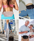 Travel Money Belt With RFID Blocking Slim Hidden Pouch Under Your Clothes shown in various travel settings