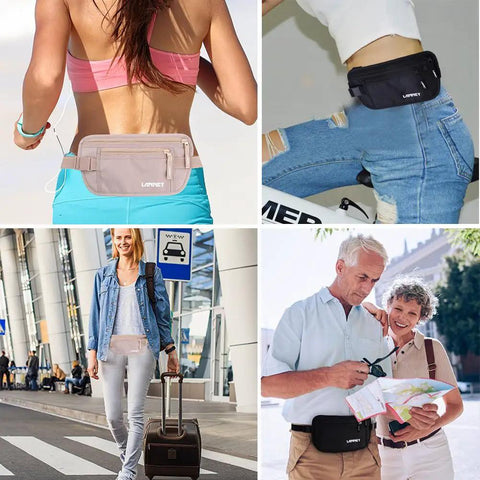 Travel Money Belt With RFID Blocking Slim Hidden Pouch Under Your Clothes shown in various travel settings