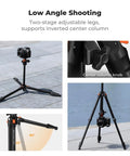 Travel Ready 63 Inch Aluminum Camera Tripod With Phone Holder, camera setup on low-height tripod with adjustable legs