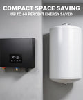 Endless Hot Water On Tap With This Real Deal 14KW Electric Tankless Water Heater For Showers And Sinks Using High Flow Household Heating And Smart Self Modulating Tech With Smooth 240V Setup To Put Waiting In Rearview, displaying compact design next to a traditional water tank.