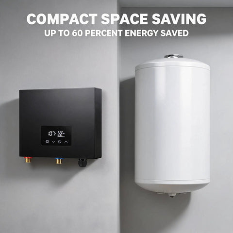 Endless Hot Water On Tap With This Real Deal 14KW Electric Tankless Water Heater For Showers And Sinks Using High Flow Household Heating And Smart Self Modulating Tech With Smooth 240V Setup To Put Waiting In Rearview, displaying compact design next to a traditional water tank.