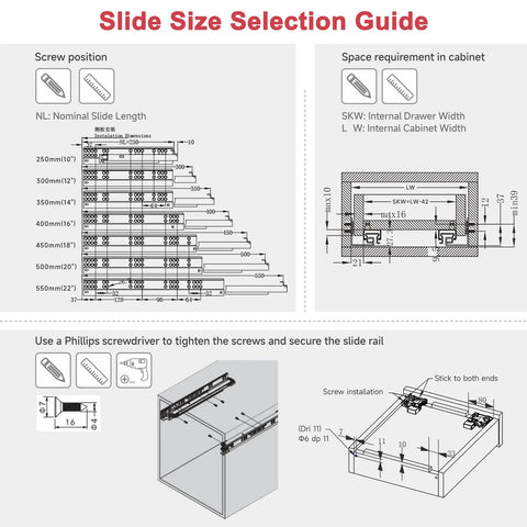 Slide size selection guide for 6 Pair 14 Inch Undermount Drawer Slides Soft Close Full Extension Cabinet Hardware.