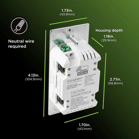 Long Range Z Wave On Off Switch 800 Series Toggle For Your Smart Home Setup Voice Control With Alexa And Google Assistant Works With SmartThings Ring Alarm Wink ADT Nexia Honeywell And More, side view with dimensions and neutral wire note