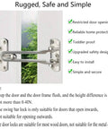 2 Pack Front Door Latch Guard Lock Set For Inward Swing Doors installed on white wooden door, satin nickel finish