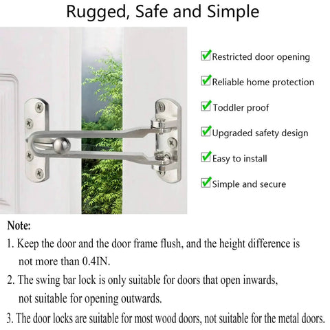2 Pack Front Door Latch Guard Lock Set For Inward Swing Doors installed on white wooden door, satin nickel finish