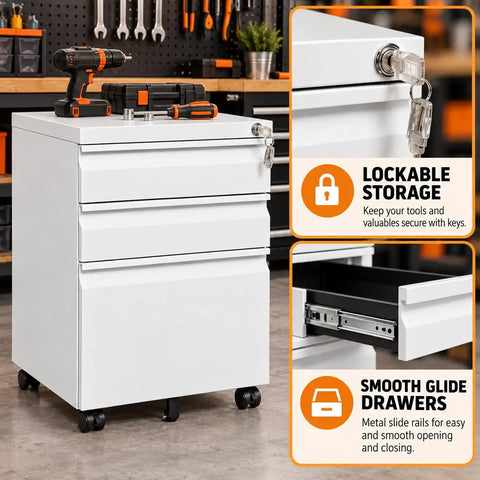 Built Tough As Nails Three Drawer Rolling Tool Chest With Swivel Wheels And Heavy Duty Locks Slick White Steel Shop Organizer with keys and smooth glide drawers.