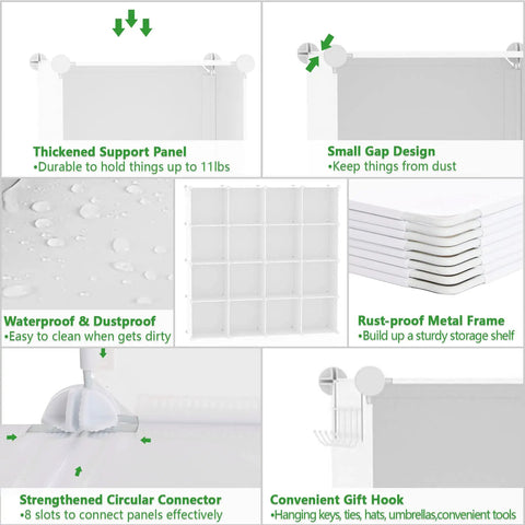 Features of Modular Cube Storage Organizer include thick panels, waterproof surface, rust-proof frame, and hooks for home use.