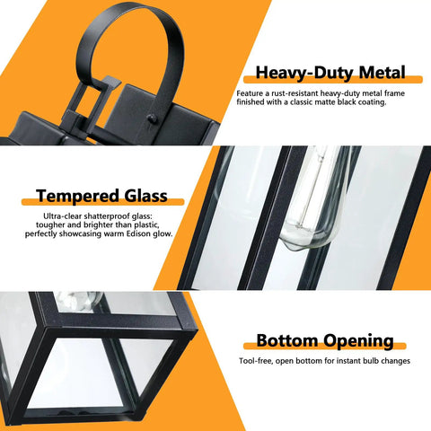 Large Outdoor Wall Lights Two Pack Matte Black With Clear Glass Modern Exterior Fixtures showing heavy-duty metal and tempered glass.
