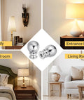 Two Ball Lamp Finials In Silver Metal One And A Half Inch Tall With Standard Harp Thread Quarter Inch By Twenty Seven Fits Most Lamps Includes Cleaning Cloth Your Go To Table And Floor Lighting Decor displayed in various home settings including study, entrance hall, bedroom, and living room.