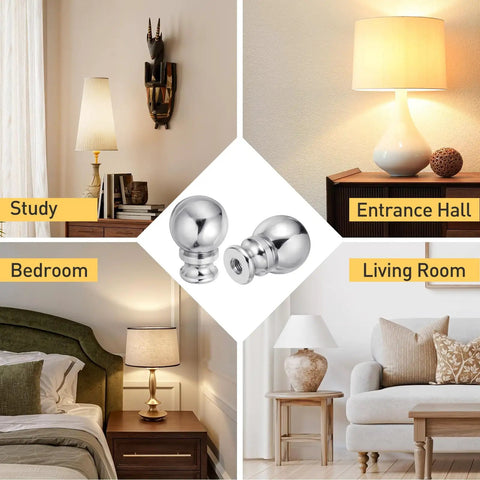 Two Ball Lamp Finials In Silver Metal One And A Half Inch Tall With Standard Harp Thread Quarter Inch By Twenty Seven Fits Most Lamps Includes Cleaning Cloth Your Go To Table And Floor Lighting Decor displayed in various home settings including study, entrance hall, bedroom, and living room.