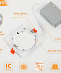 Close-up of Six Pack 4 Inch Ultra Thin LED Recessed Ceiling Light with features like quick connectors and junction box.