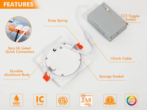 Close-up of Six Pack 4 Inch Ultra Thin LED Recessed Ceiling Light with features like quick connectors and junction box.