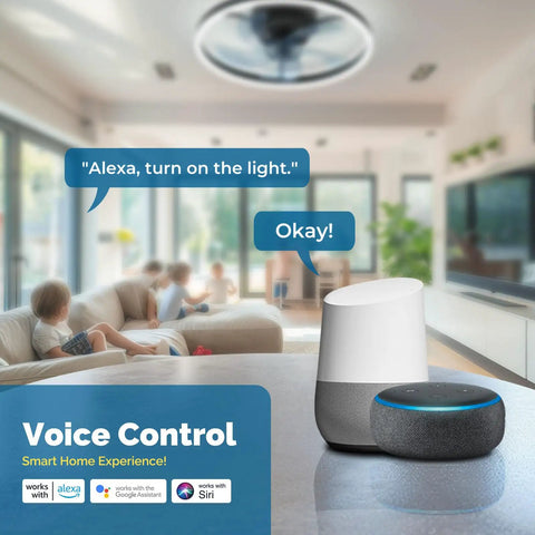 Smart 20 Inch Ceiling Fan With Lights Compatible With Alexa And Google Assistant, shown in modern living room.