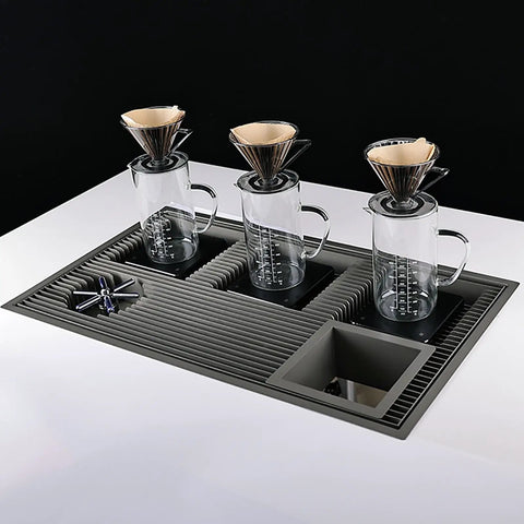Dang Solid Stainless Steel Bar Glass Rinser With Integrated Drain Tray For Quick Cup Washing In Home Kitchens And Local Pubs showing glass rinser with three glasses and drain tray.
