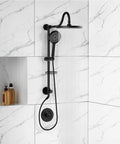 9 Inch Rainfall Shower Head And Handheld Combo System With Slide Bar In Matte Black, No Fuss 30 Minute Install, Integrated Diverter And Soap Dish, Spa Like Shower Experience mounted on a tiled bathroom wall