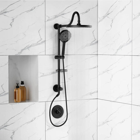 9 Inch Rainfall Shower Head And Handheld Combo System With Slide Bar In Matte Black, No Fuss 30 Minute Install, Integrated Diverter And Soap Dish, Spa Like Shower Experience mounted on a tiled bathroom wall