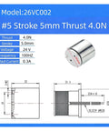 Rock Solid Mini Cylindrical Voice Coil Actuator 26mm Width Providing Zero Point Four Kilogram Thrust With Five Millimeter Travel For Robot Projects And Tight Space Setups Ready To Go technical specifications and dimensions.