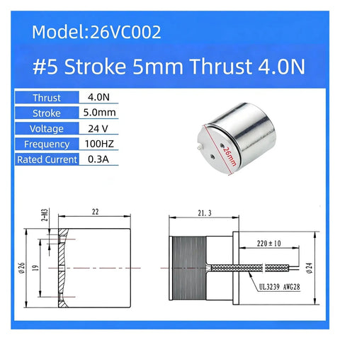 Rock Solid Mini Cylindrical Voice Coil Actuator 26mm Width Providing Zero Point Four Kilogram Thrust With Five Millimeter Travel For Robot Projects And Tight Space Setups Ready To Go technical specifications and dimensions.