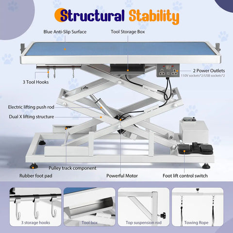 Huge Heavy Duty Electric Pet Grooming Lift Table With Double Scissor Blue Top showing blue anti-slip surface, tool storage, and foot control system.