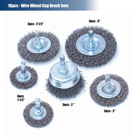 18Piece Wire Wheel Cup Brush Set For Drills With One Quarter Inch Hex Shank showing various sizes on white background